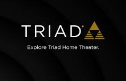 Triad logo with black background and gold triangle design, along with the text "Explore Triad Home Theater."