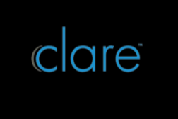 The logo of Clare, a company or brand, with the word 'clare' in lowercase blue letters on a black background.