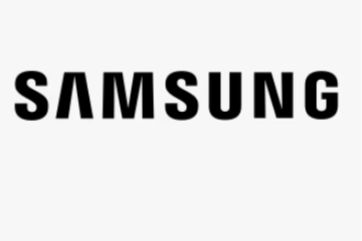 Samsung logo in black letters on a white background.