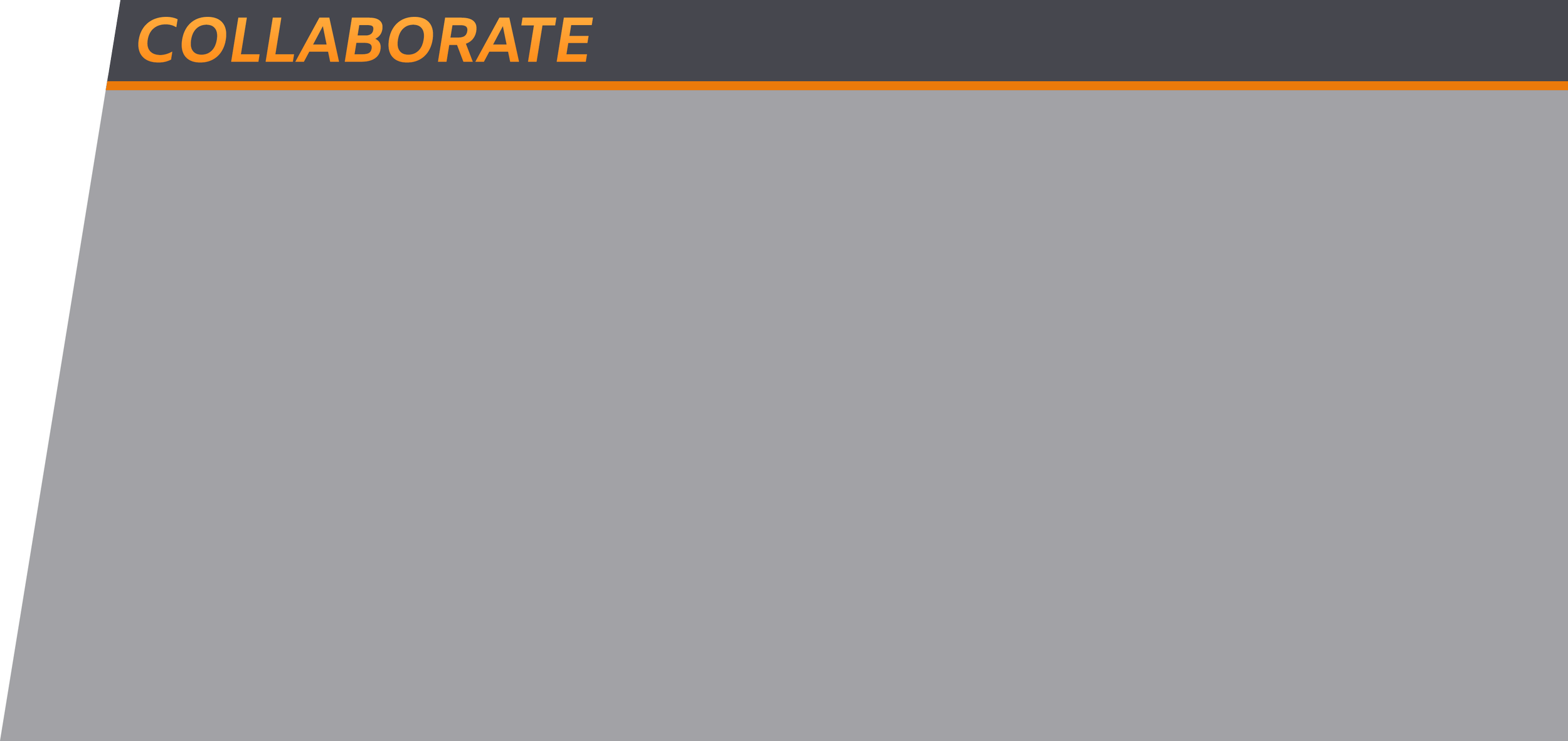 The image contains the text 'COLLABORATE' in orange capital letters on a dark gray background, with an orange underline.