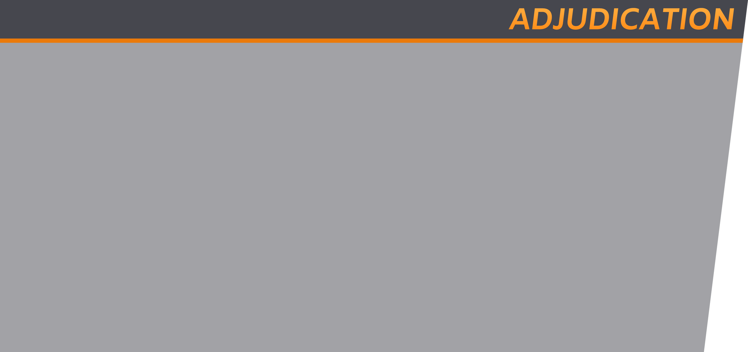A presentation slide with a dark gray background and an orange header that reads 'ADJUDICATION' in uppercase letters.