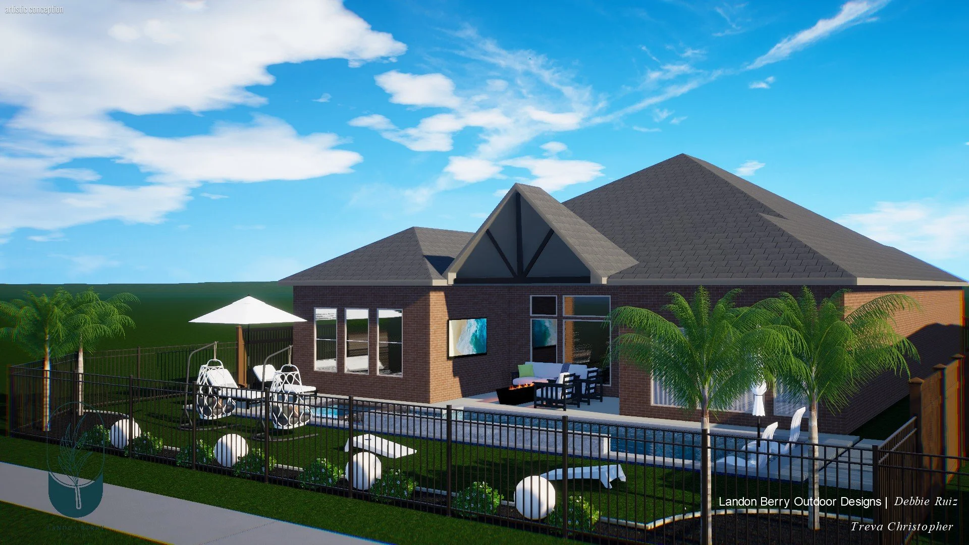 A backyard view of a modern brick house with a large glass window, a patio with outdoor seating, palm trees, and a fenced yard with decorative white spheres and greenery under a partly cloudy blue sky.