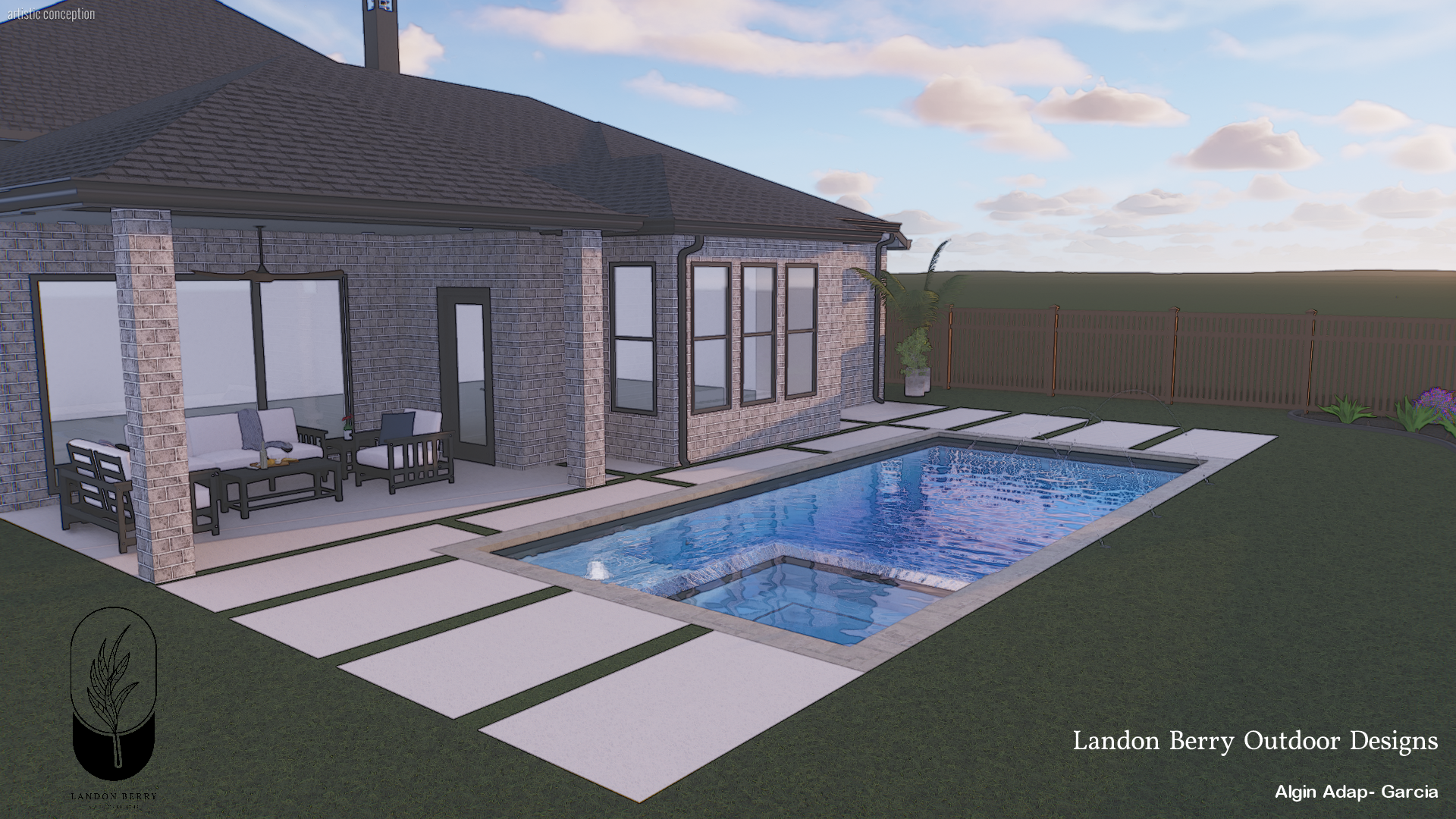 Rendering of a backyard with a brick house, a swimming pool with steps, an outdoor seating area with chairs and a table, potted plants, and a wooden fence, under a partly cloudy sky.