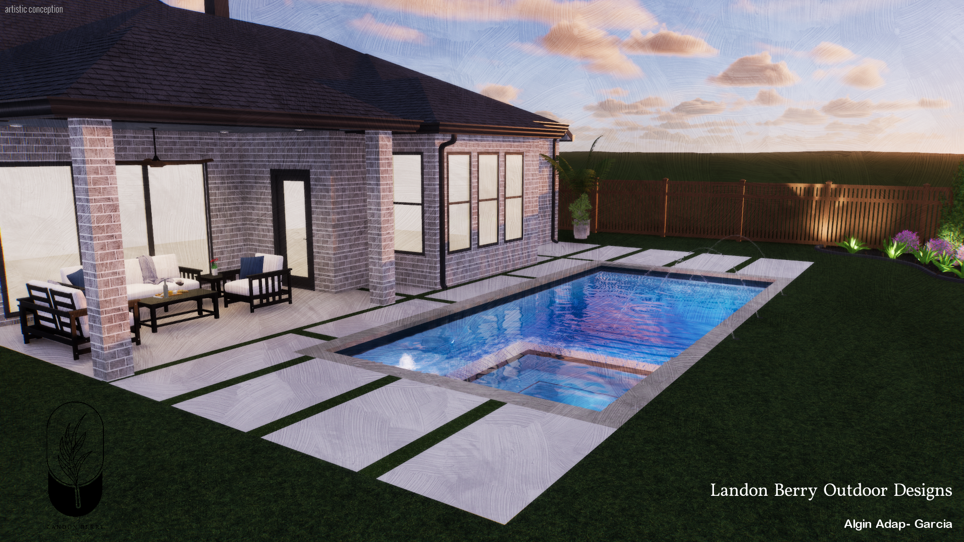 A backyard patio with a swimming pool, patio furniture, and surrounding greenery at sunset. The house is made of brick with large windows and a covered seating area. There is a wooden fence, flowerbed, and landscape lighting.