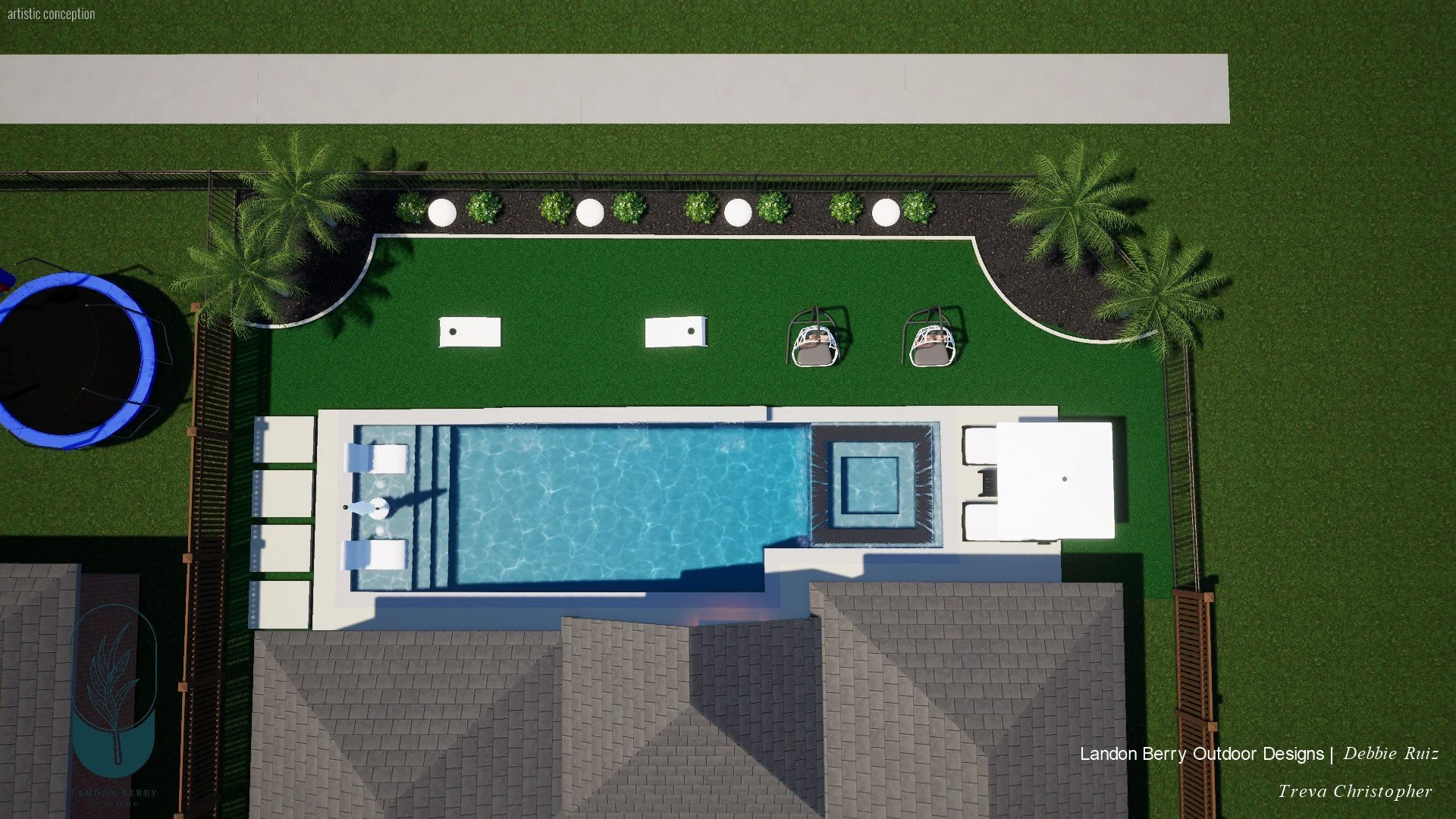 A bird's-eye view of a backyard with a swimming pool, lounge chairs, a hot tub, a trampoline, and landscaping including palm trees and plants, enclosed by a fence.