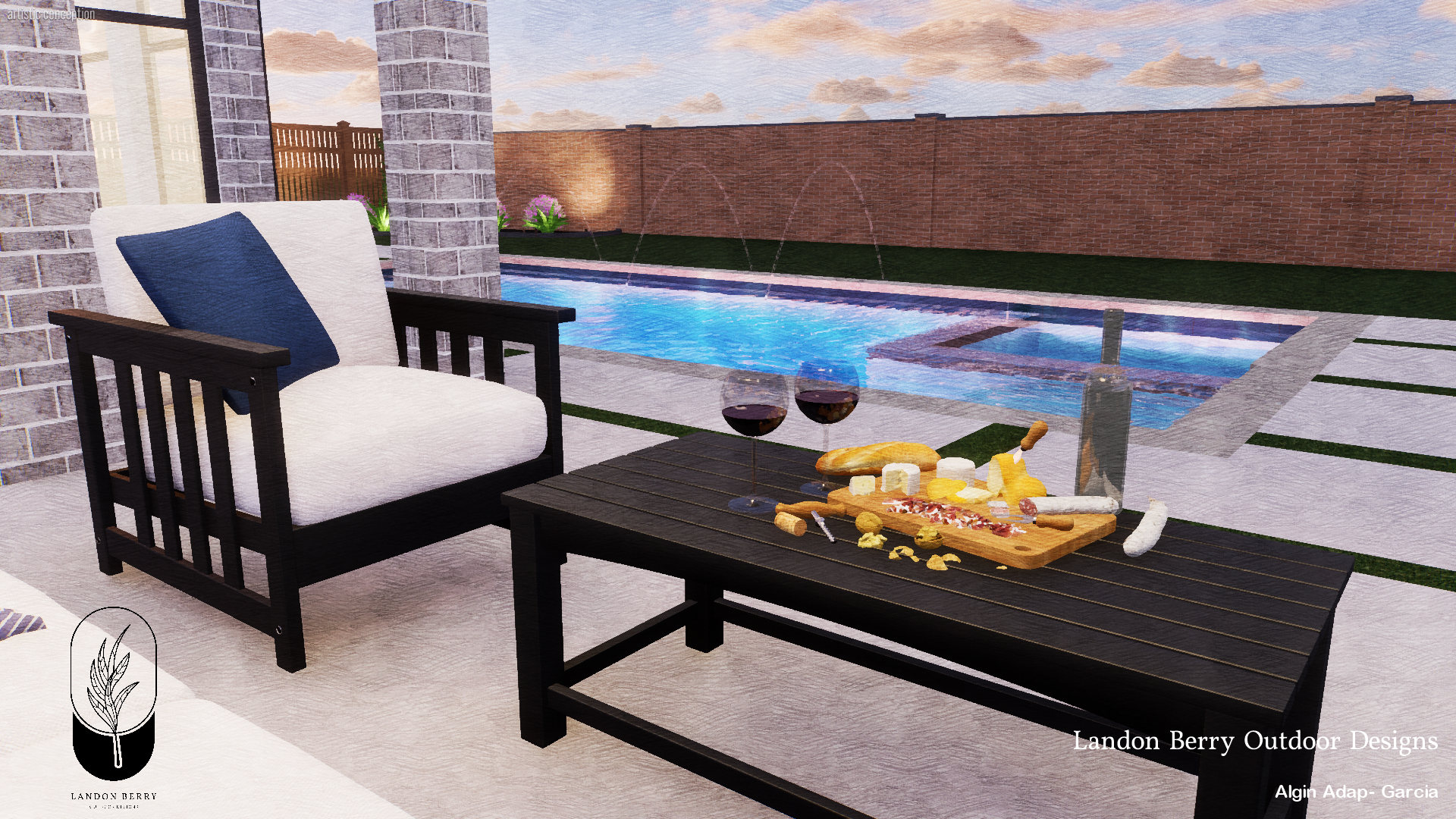 An outdoor patio area with a black wooden bench and a black table. The table holds two glasses of red wine, cheese, a charcuterie board, and a bottle of wine. In the background, there's a swimming pool with water features and a brick wall, with the sky showing clouds at sunset.