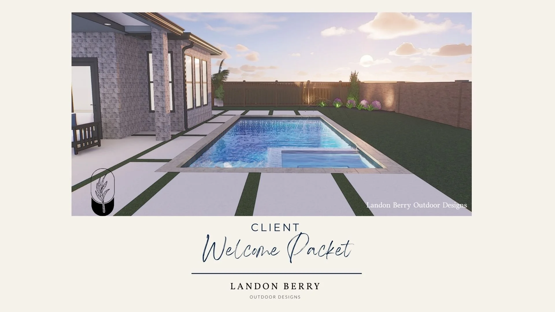 A modern backyard with a swimming pool, patio, and landscaped area, showing a brick house exterior, a fence, and decorative plants at sunset.