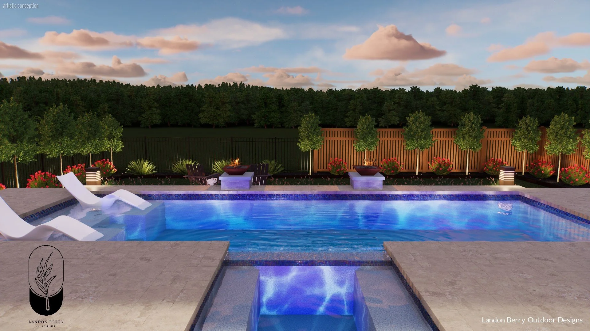 Backyard pool area with two white lounge chairs, fire pits, trees, flower beds, and a wooden fence with trees in the background, under a partly cloudy sky in the evening.