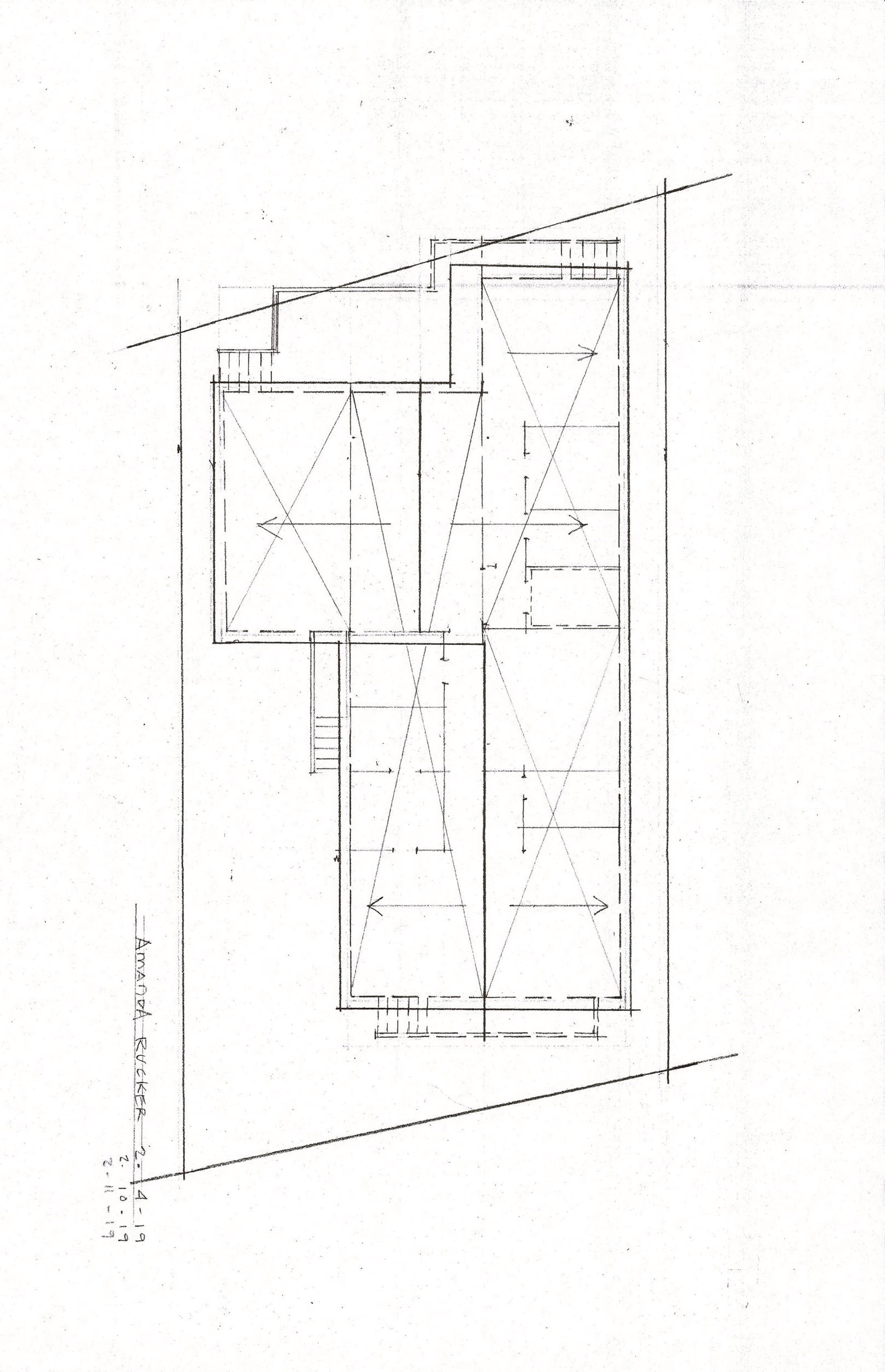 Architectural blueprint drawing of a building layout with multiple rooms, staircases, and structural details, signed by Amanda Rucker and dated February 2019.