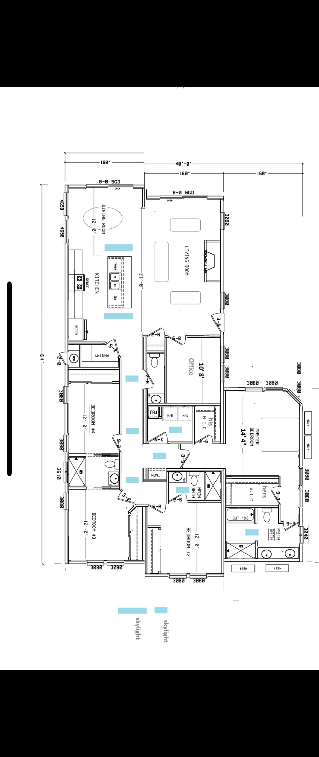 Architectural floor plan of a house showing multiple bedrooms, bathrooms, a kitchen, living areas, and designated skylight locations.