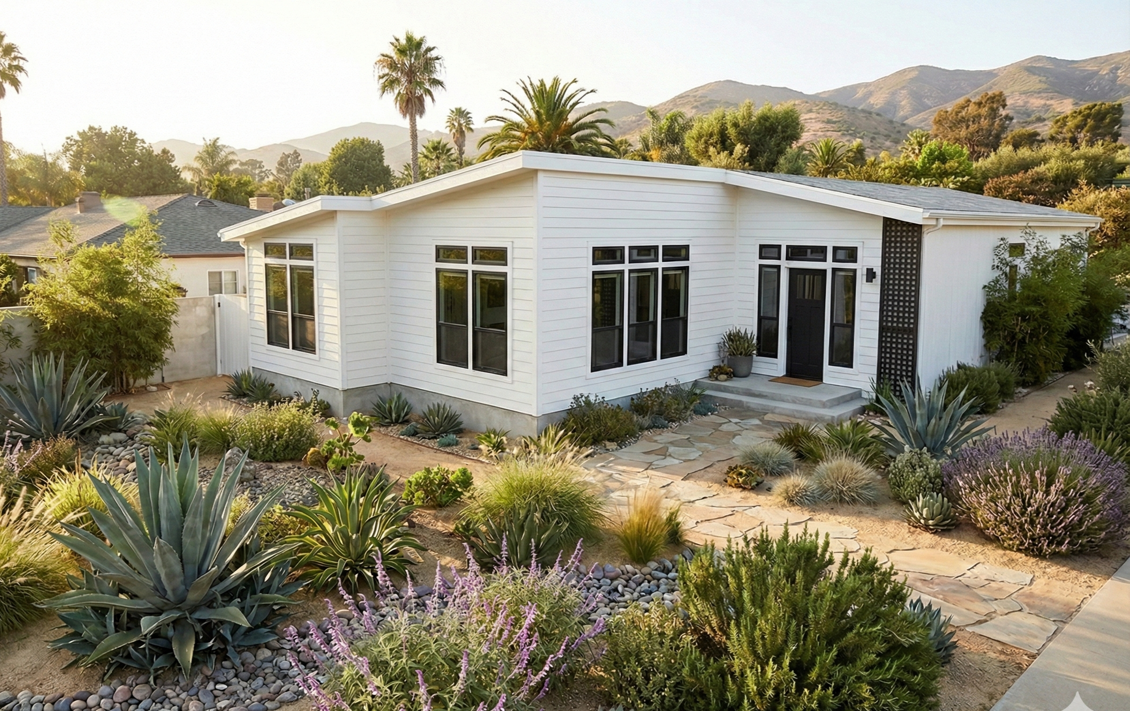 A modern white house with large windows surrounded by desert plants and shrubs in a landscaped garden. Mountain range in background.