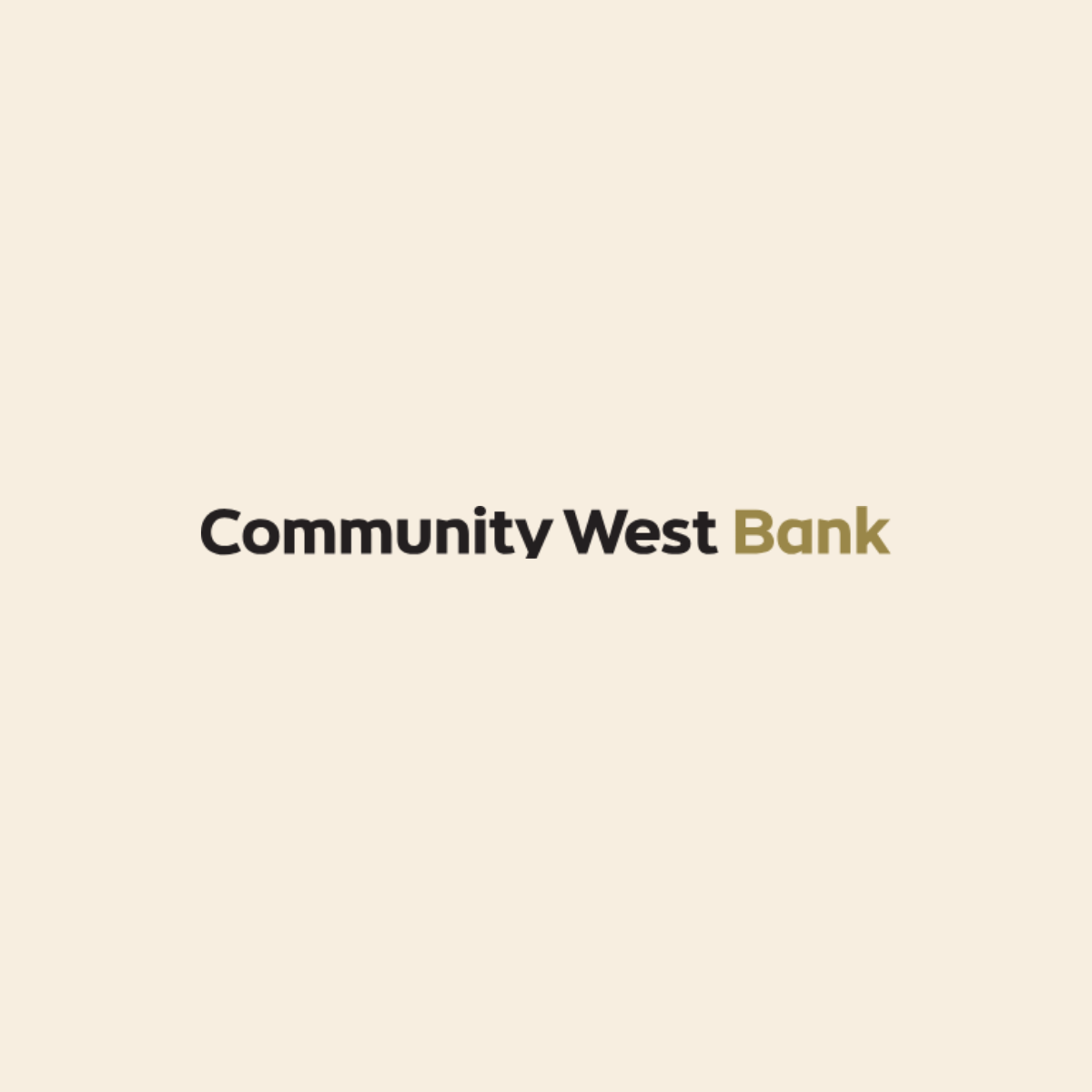 Logo of Community West Bank with a beige background and the bank's name in black and gold text.
