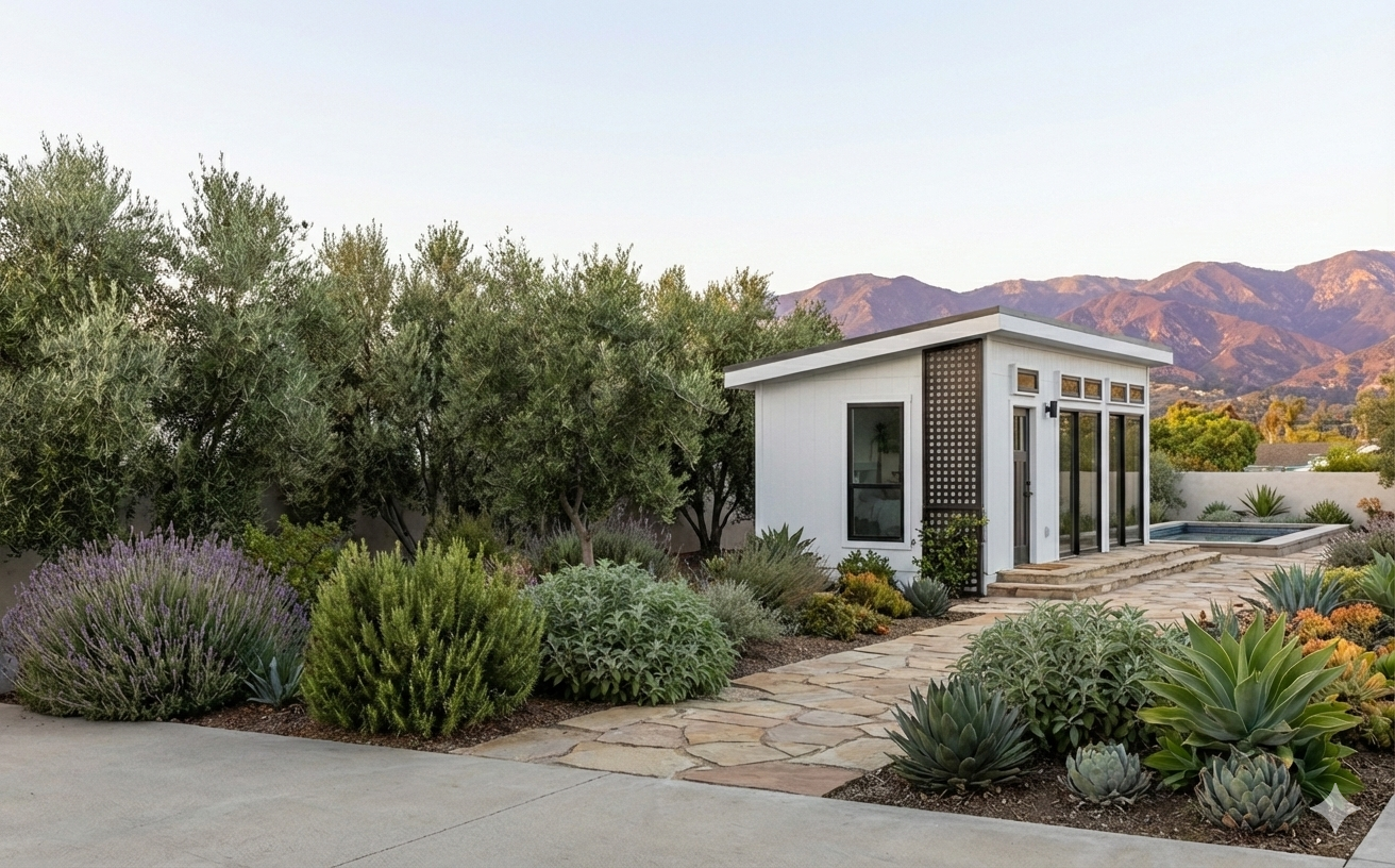 Modern backyard with a small white shed, stone pathway, desert plants, and mountain background