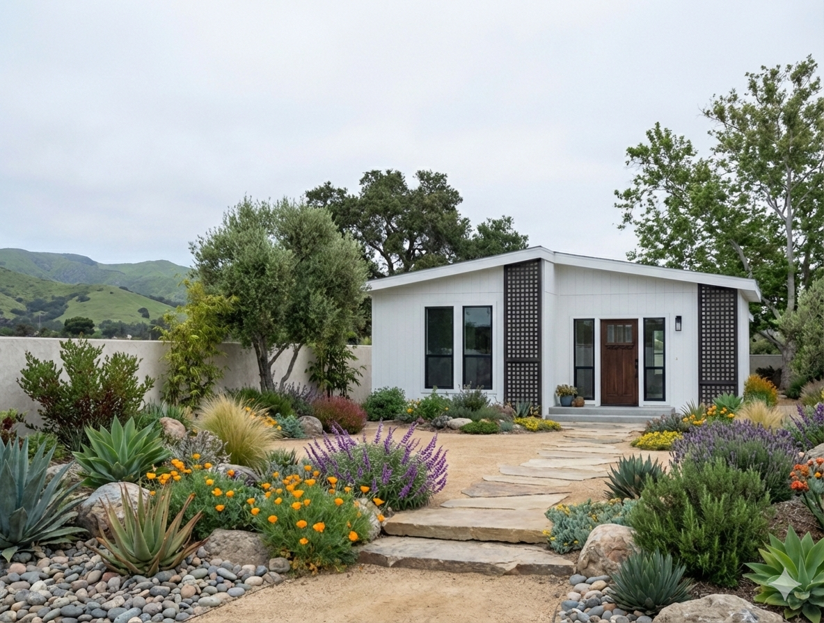 Modern white house with black grid accents, surrounded by desert plants and flowers, with a stone pathway leading to the front door, in a green hilly landscape.