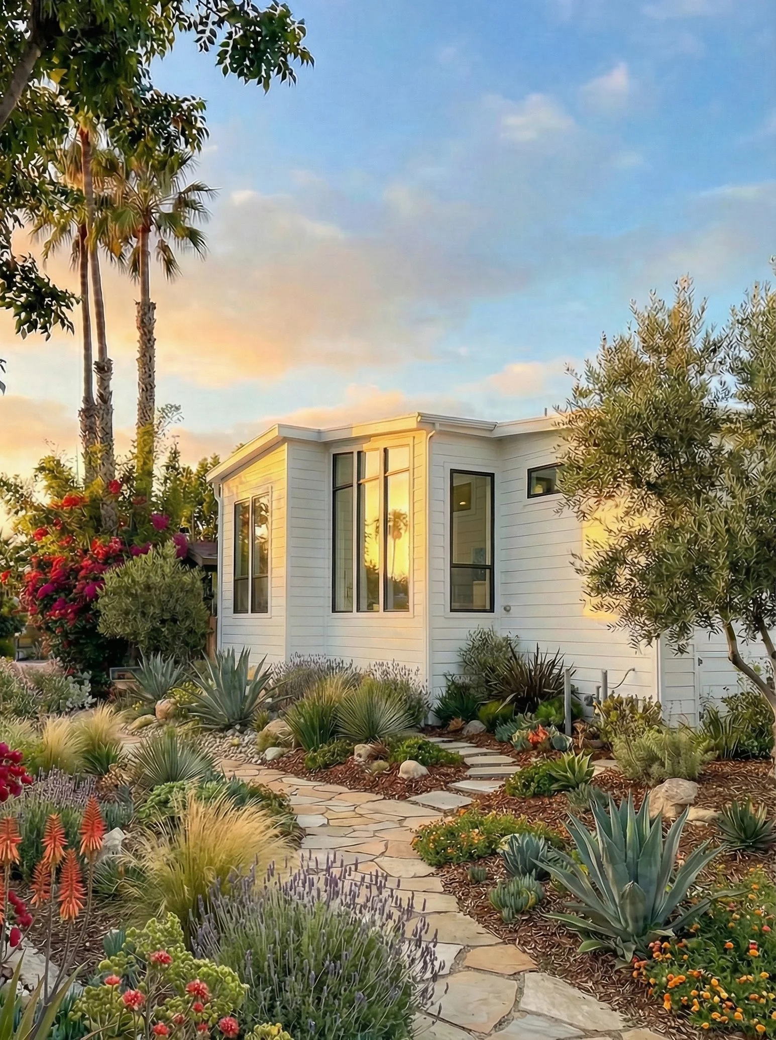 A modern white house with large windows, surrounded by a lush garden with various desert plants, flowering bushes, and a stone pathway during sunset.