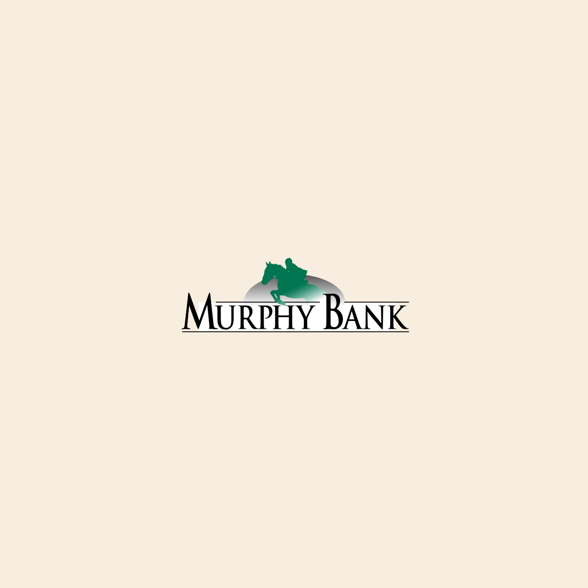 Logo for Murphy Bank featuring a silhouette of a person riding a horse over a grey semi-circle, with the name "Murphy Bank" in black text below.