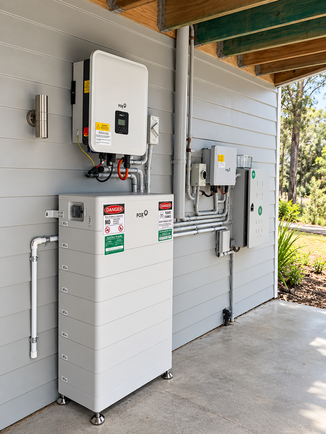 A solar power system with an inverter, battery storage, and a solar panel on a brick wall outside a house.