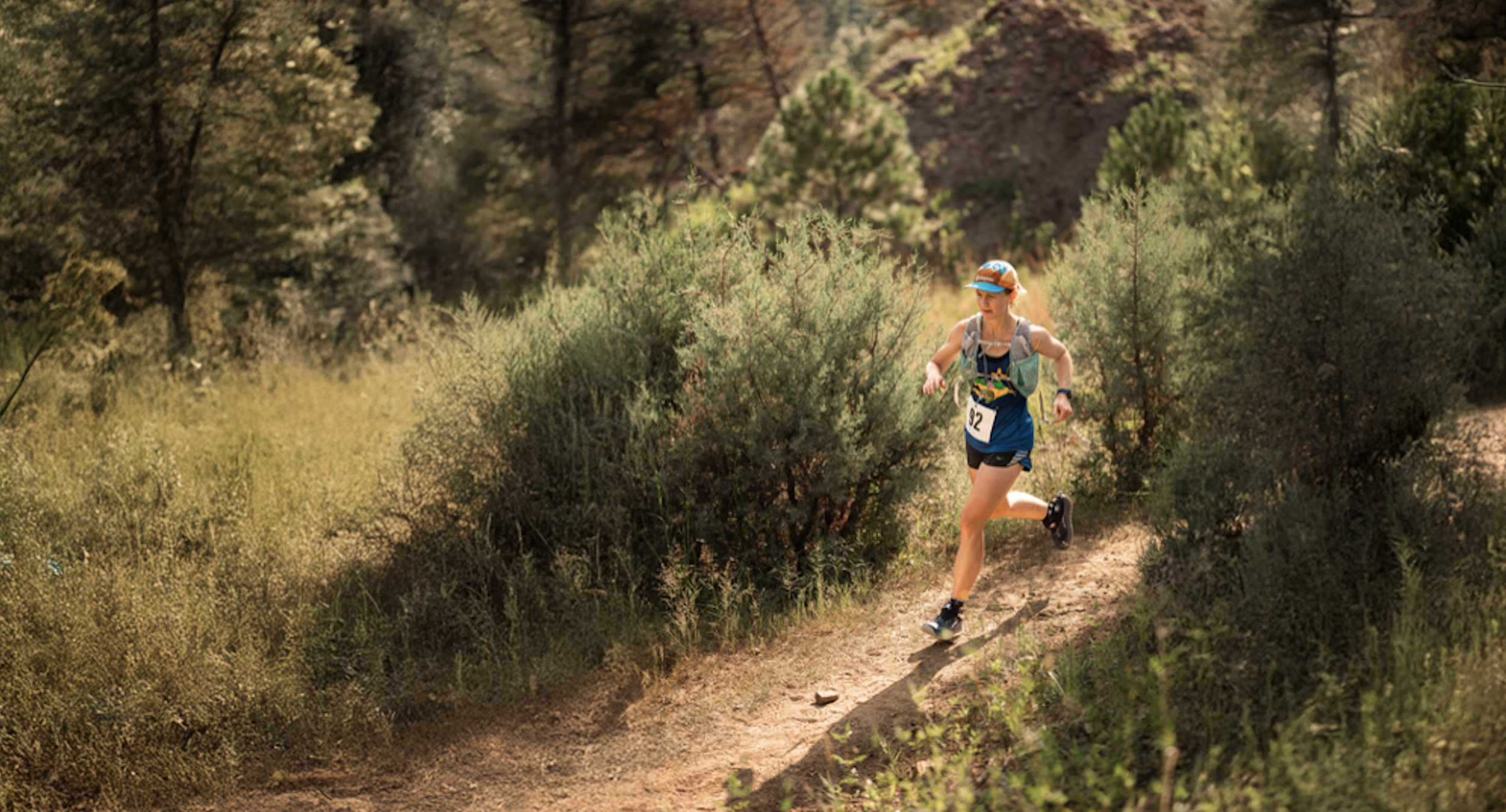 Davena Norris mid-stride during a trail race outside Las Cruces.