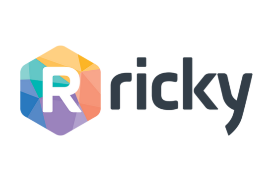 A logo with a colorful geometric hexagon and a white letter 'R' inside, followed by the word 'ricky' in dark gray lowercase letters.