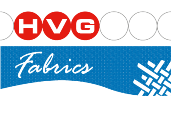 HVG Fabrics logo with red circles containing white letters, blue background with white cursive text, and a fabric pattern design.