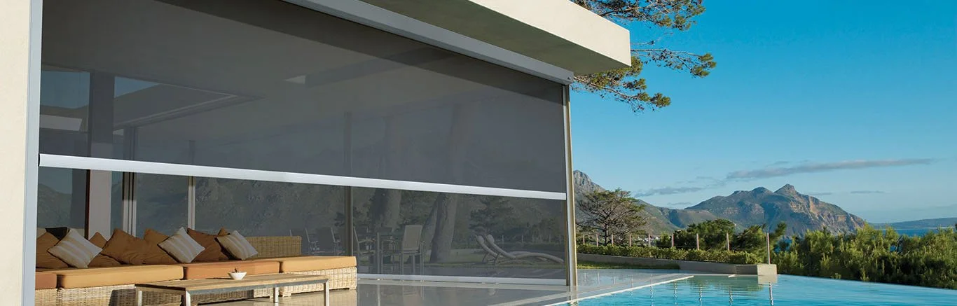 Modern house with an outdoor pool, glass walls, and mountain view in the background.