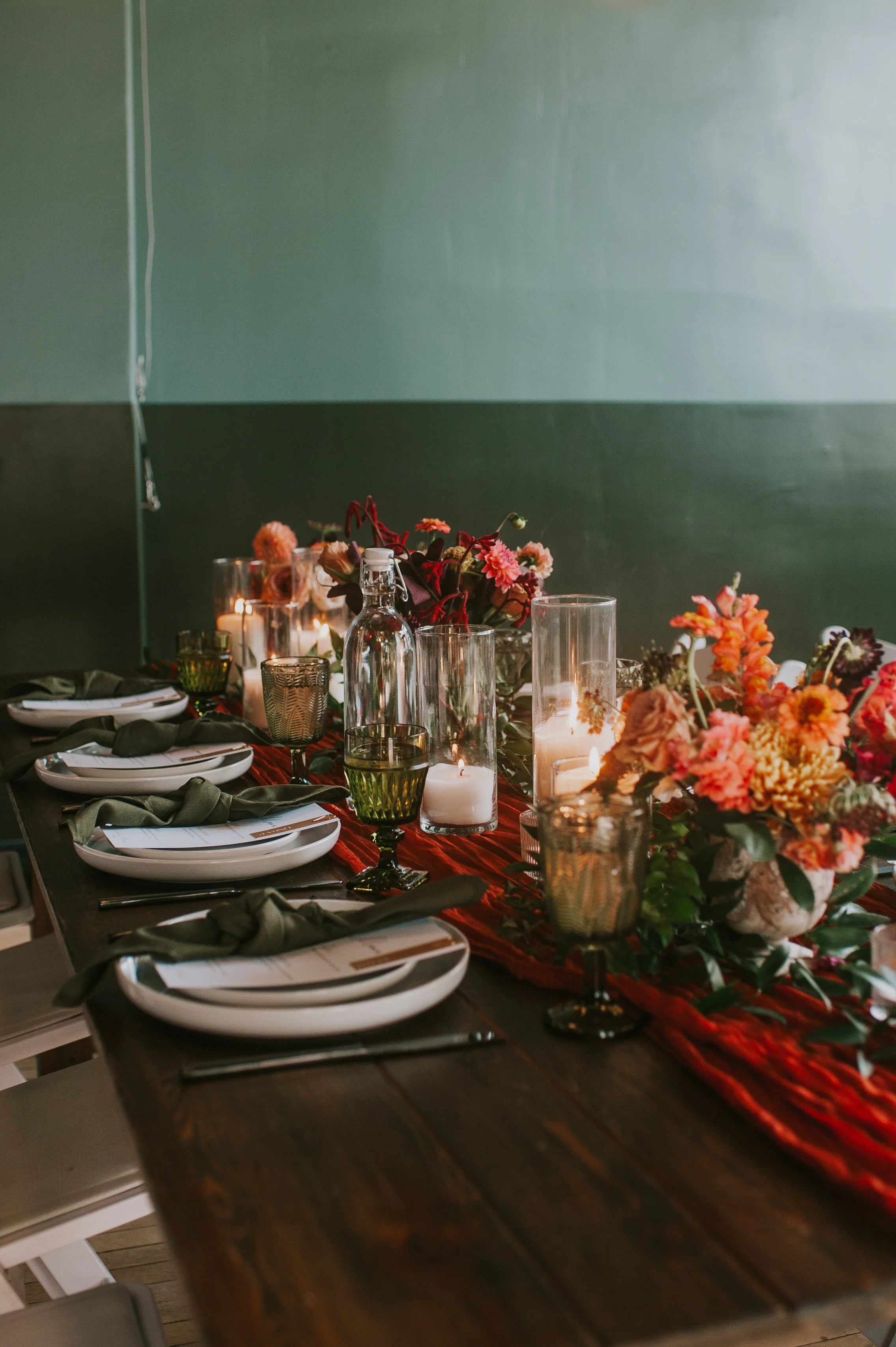 Tabletop Rentals in Silverton Colorado, Vintage Goblets, Pillar Candles, White Rim Plates, Custom Name Cards,