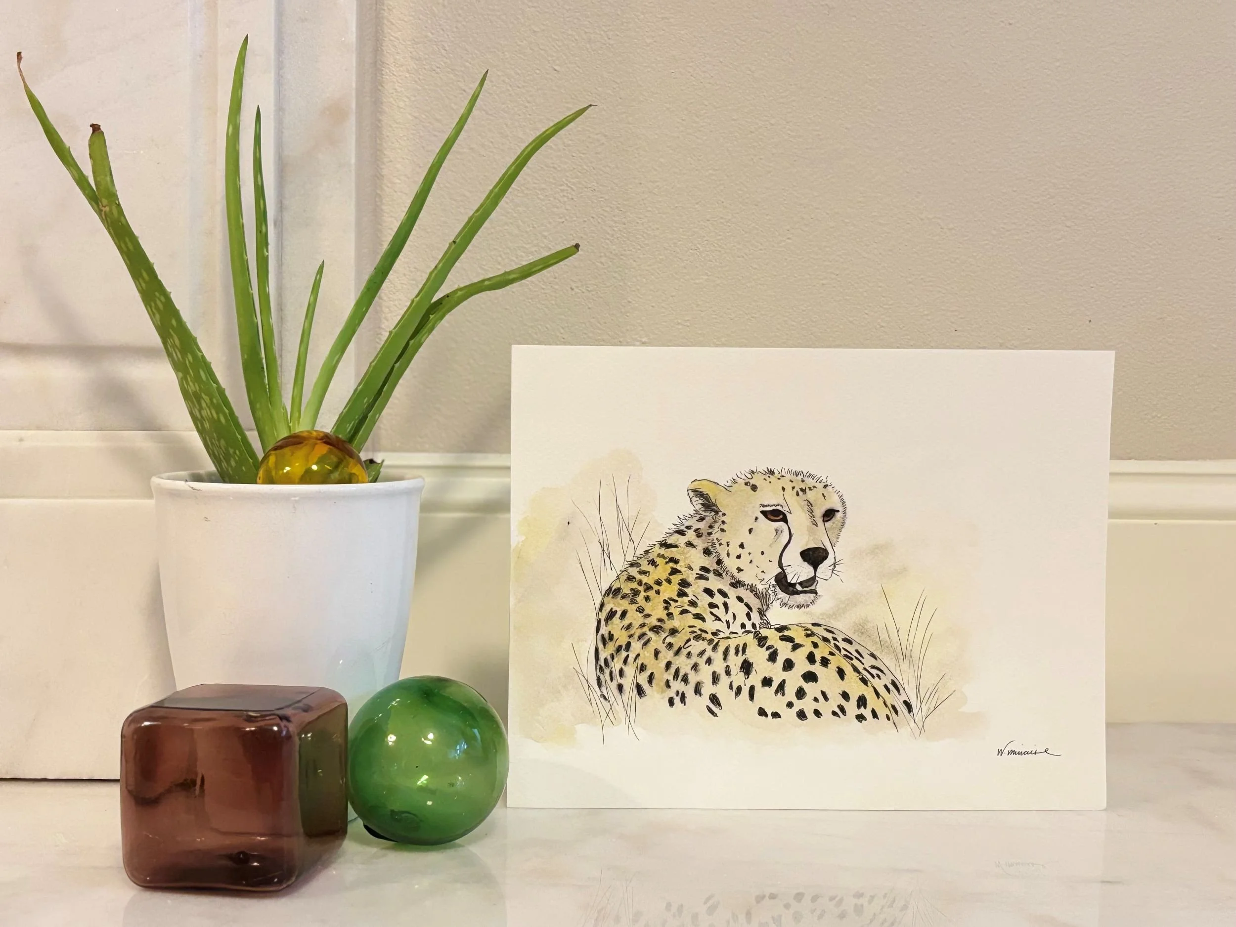 Cheetah watercolor artwork by Wells depicting a focused cheetah looking toward the viewer