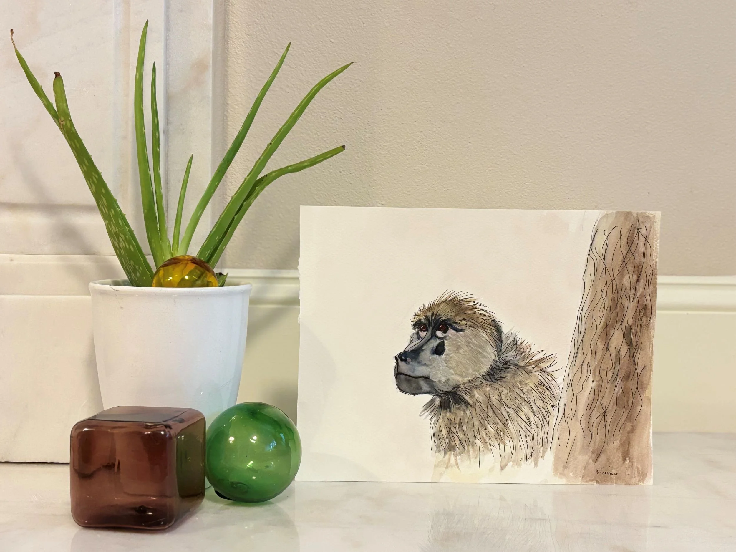 Detail of Ocie baboon watercolor painting showing expressive texture and posture
