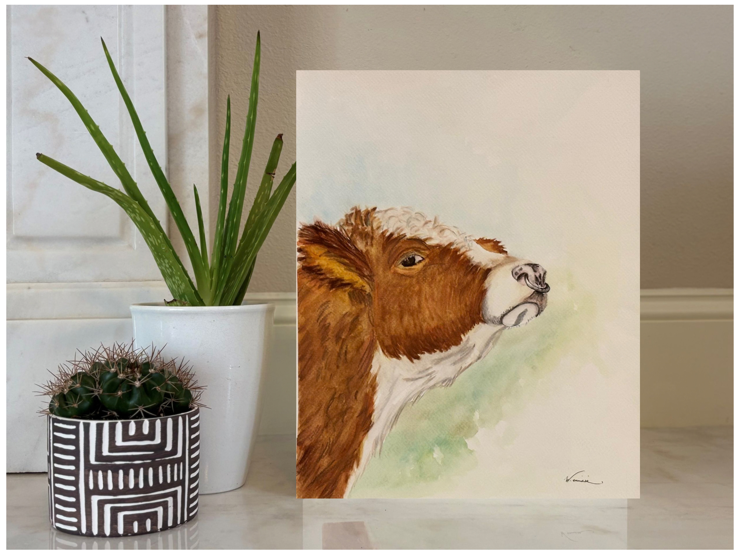 Bullock young bull watercolor art print by Wells