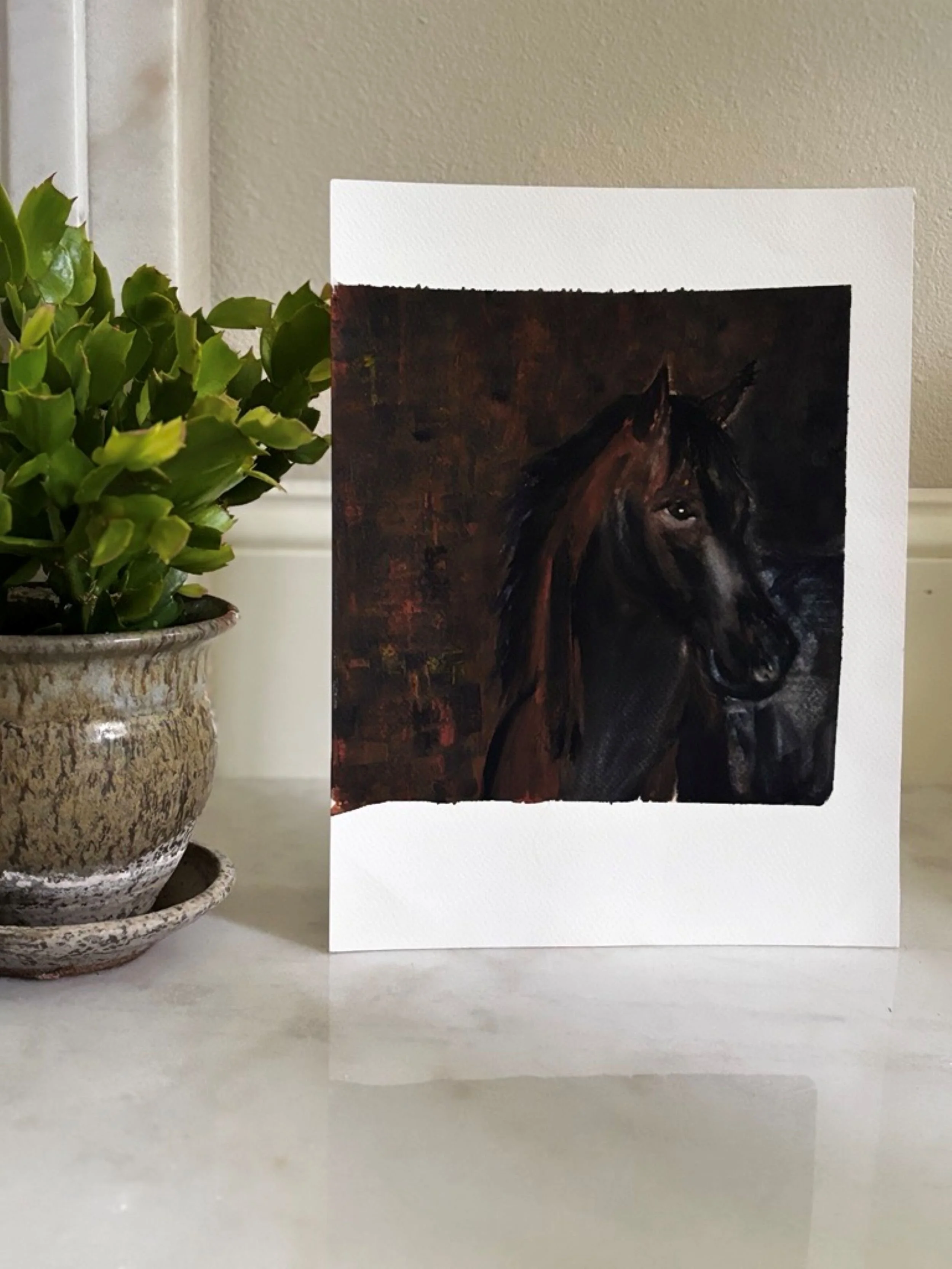 Detail of Black Ice black horse watercolor painting showing rich glossy tones and muscular form