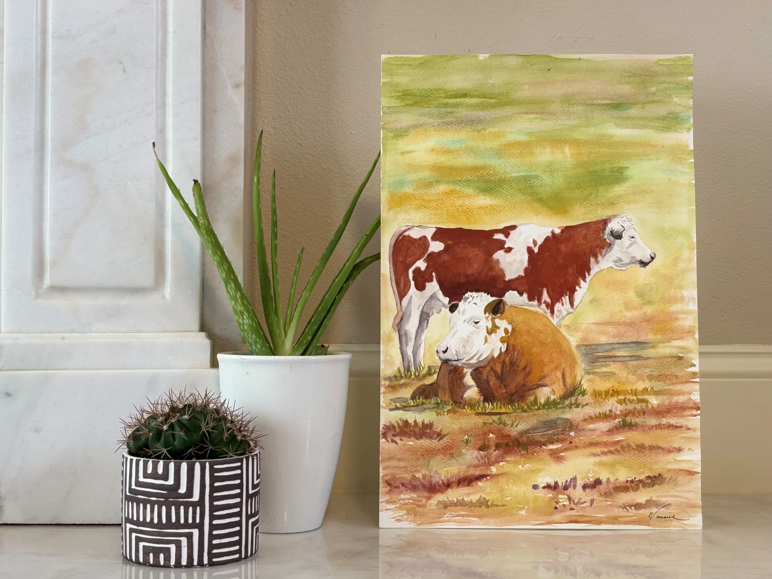 Detail of Waiting watercolor painting showing two cows in a quiet pastoral autumn setting