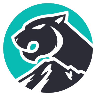 Stylized black mountain lion's head on a teal circular background.