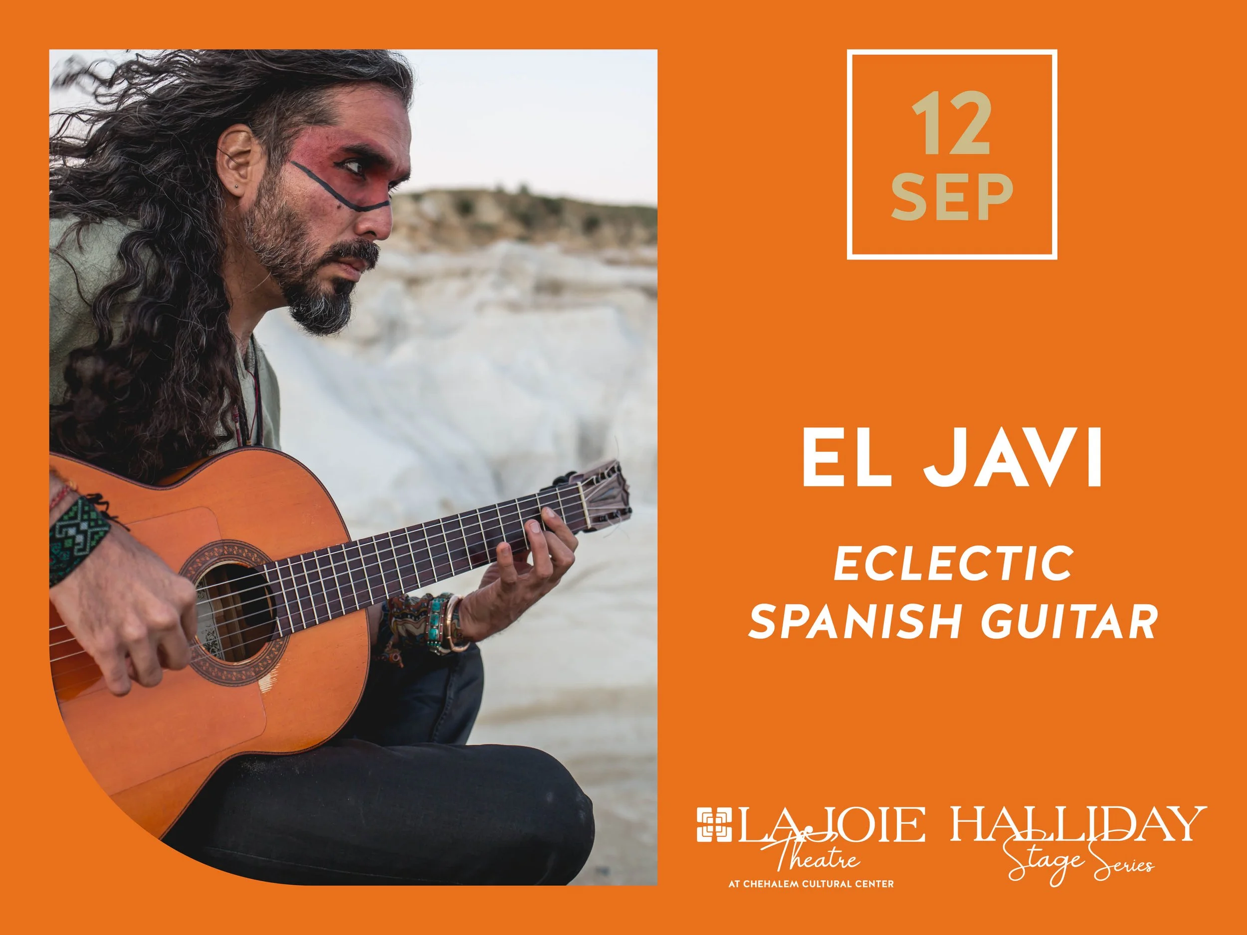 Un anuncio de color naranja de «Artista por confirmar: fusión latina», para el 12 de septiembre. En él aparece una imagen de un ukelele, unas maracas y recortes de papel sobre un fondo amarillo.