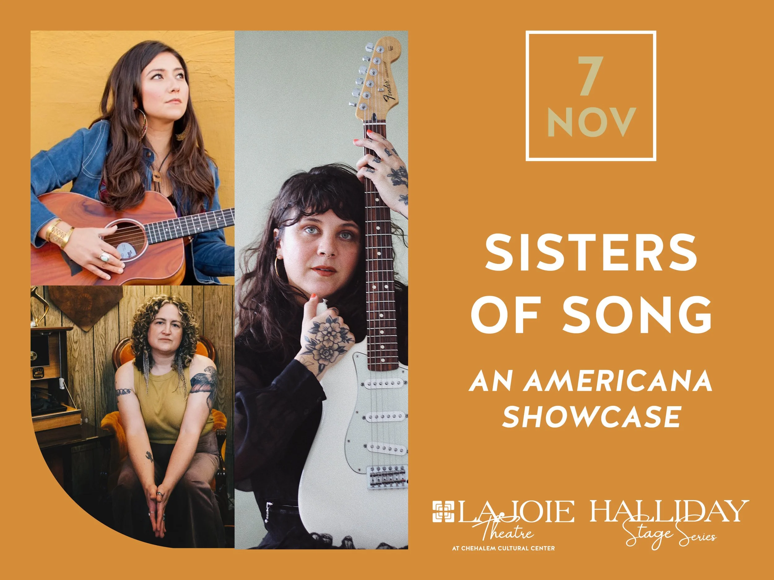 A tan advertisement for "Sisters of Song an Americana and Showcase" on November 7. The two pictures show a person sitting down, one of them is holding a guitar.