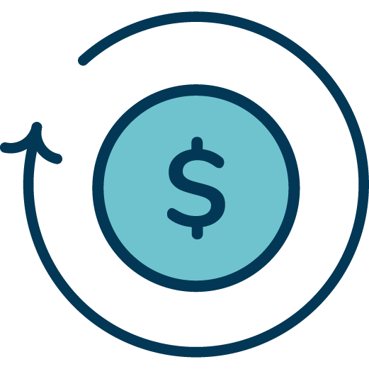 Icon of a dollar sign inside a circle with an arrow circling around it, representing financial growth or money cycle.