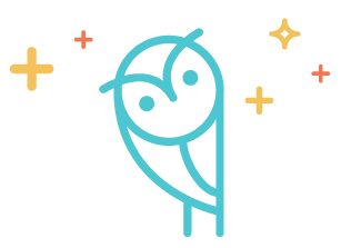 A simple line drawing of a smiling owl perched on a branch with stars and crosses around it.