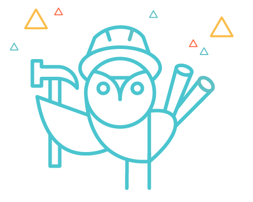 Line drawing of a person wearing a helmet, holding a wrench and two pipes, with colorful triangles in the background.