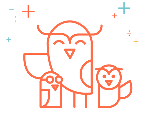 Line drawing of three owls with a black background and colorful plus and divided signs.
