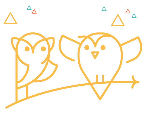Line drawing of two cartoon owls sitting on a branch, with colorful small triangles around them.