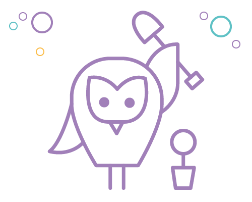A line drawing of a cute owl with a rounded body and facial features, holding a garden trowel in one wing, with a small potted plant and colorful circles around it.