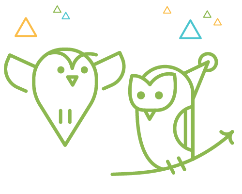 Line drawing of a bird with a large beak and ears, and a cat with a tail, surrounded by colorful small triangle shapes.