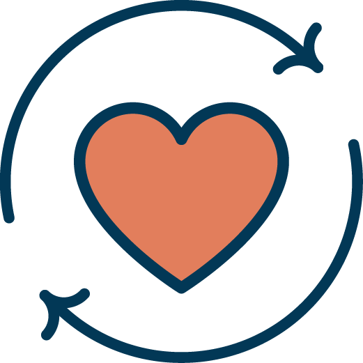 A stylized illustration of a red heart with two blue arrows circling around it, forming a continuous loop.