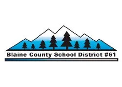 Logo for Blaine County School District #61 featuring mountains, pine trees, and blue sky.
