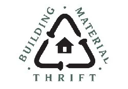 Logo with recycling symbol made of arrows encircling a house, with text 'Building Material Thrift' around it.