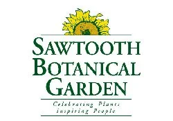 Logo of Sawtooth Botanical Garden featuring a sunflower and green text that says 'Sawtooth Botanical Garden Celebrating Plants Inspiring People'.