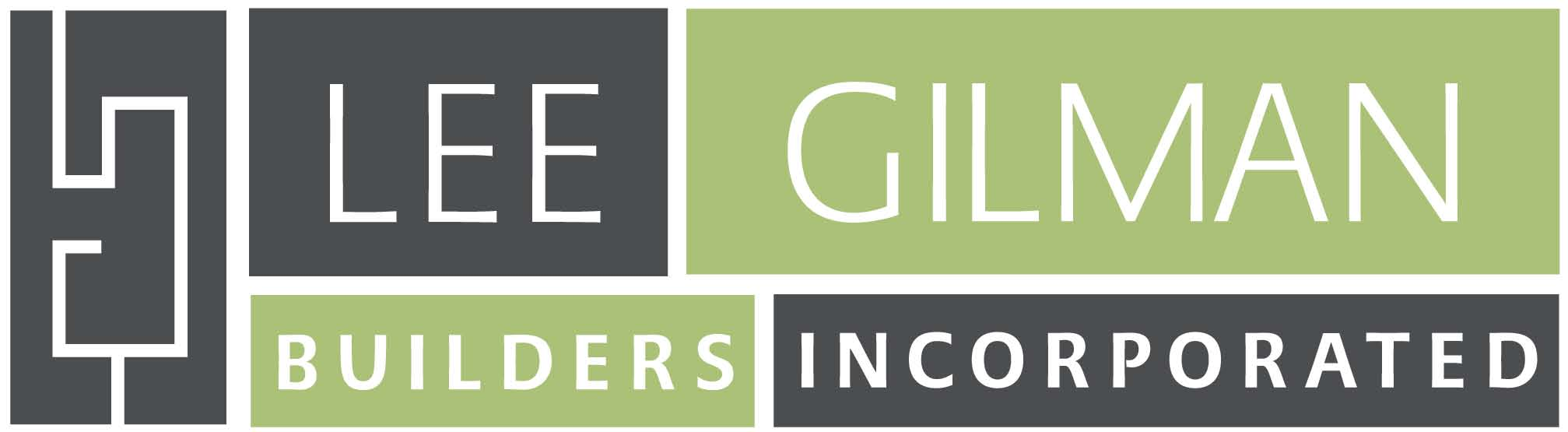 Logo for Lee Giman Builders Incorporated with a stylized vertical building icon, and text in white and green on dark gray and light green backgrounds.