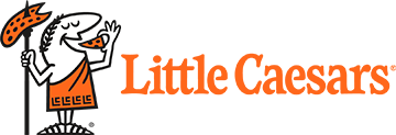 Little Caesars logo featuring a cartoon pizza slice character with a moustache and togas, holding a pizza, alongside the text 'Little Caesars' in orange.