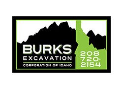 Logo for Burks Excavation, a company in Idaho, featuring a mountain outline and contact number.
