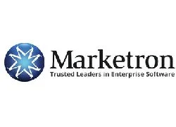 Marketron logo with a blue circular icon featuring a white starburst design, and the text "Marketron" with the tagline "Trusted Leaders in Enterprise Software" underneath.