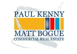 Logo for Paul Kenny and Matt Bogue Commercial Real Estate with blue, yellow, red, and black design elements.